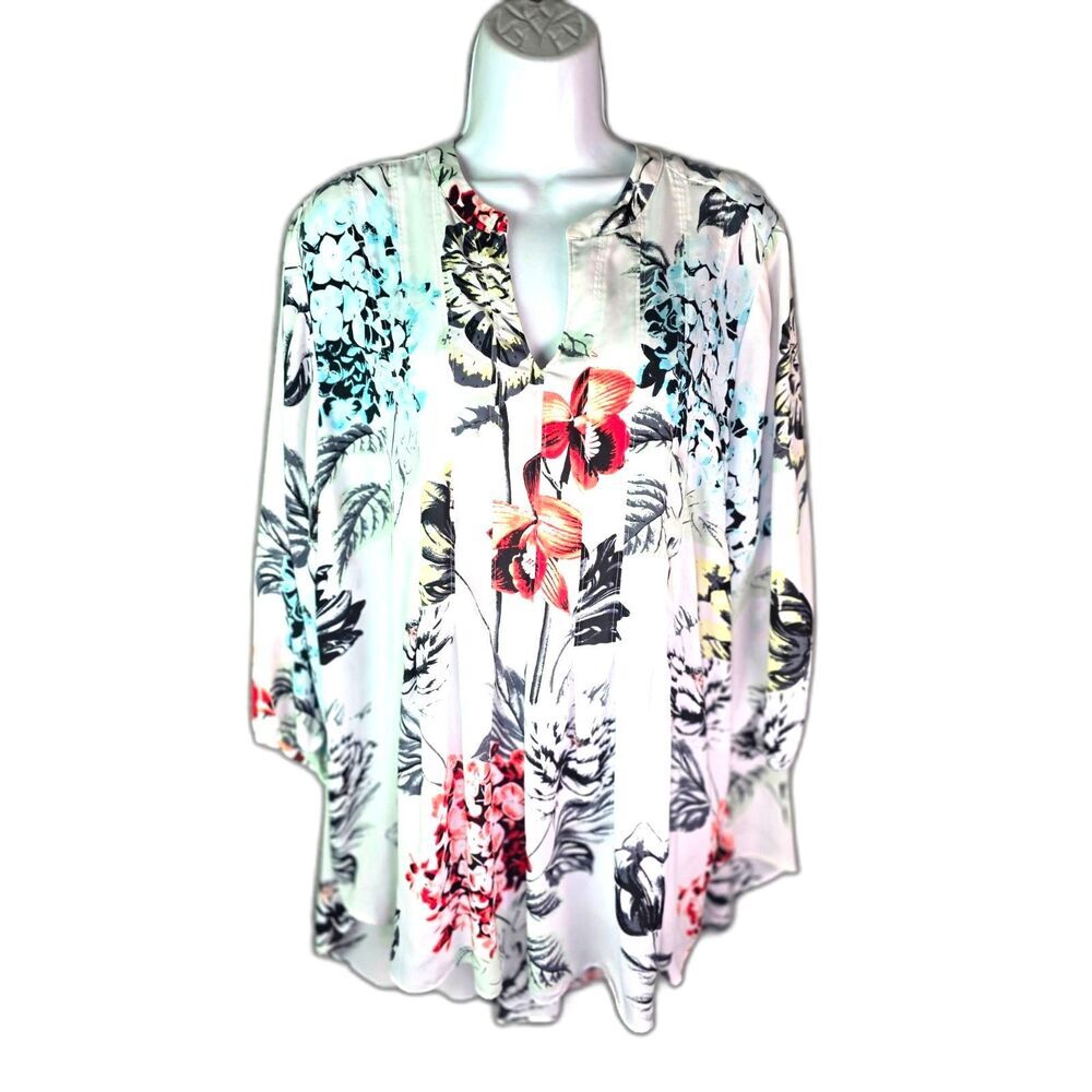Melissa McCarthy Seven7 Womens 2X Floral Pintuck High Low Tunic Blouse